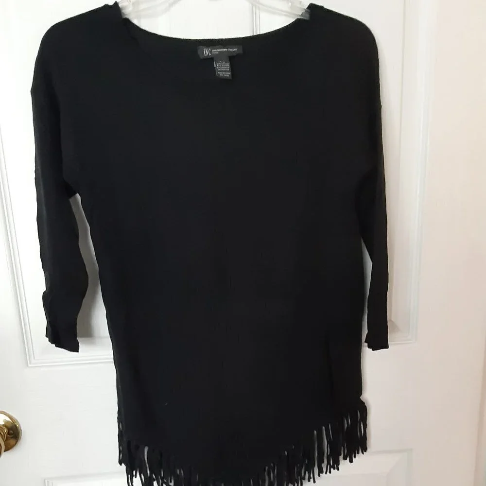 INC Size Small Petite Black Sweater w/Fringe Bottom 3/4 Length Sleeves